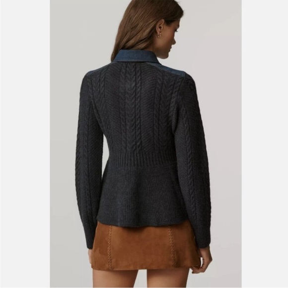 PILCRO anthropologie peplum cable cardigan collared sweater jacket navy size XL - Picture 2 of 14